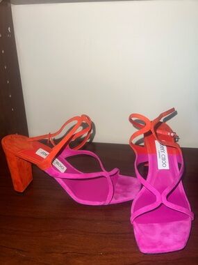 Jimmy Choo Fuchsia and Orange Suede Strappy Block Heel Sandals. Worn inside